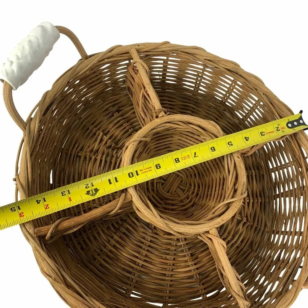 Large Round Sectioned Wicker Serving Basket Divided Ceramic Handles Organization
